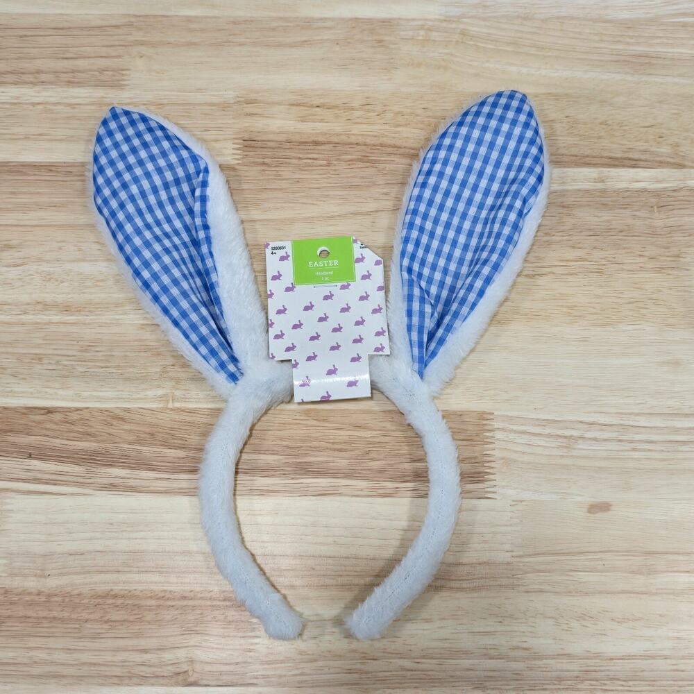 Easter Costume Cosplay Rabbit Bunny Ears Headband Blue White Plaid Wired